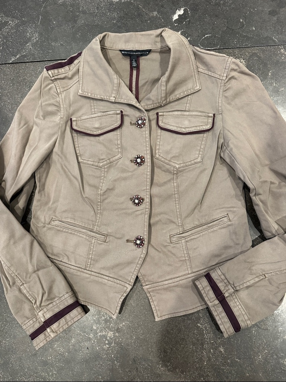 White House Black Market Beige Jacket with Plum Trim